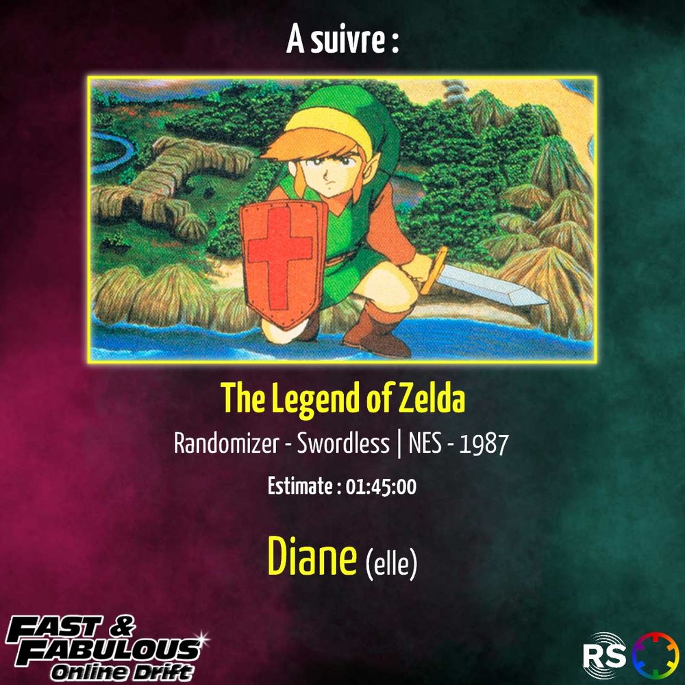 Visuel com Fast and fabs
On y voit 
" A suivre
*Image de The Legend of Zelda*
The legend of Zelda
Randomizer swordless NES 1987
Estimate 1h45
Diane (elle)"