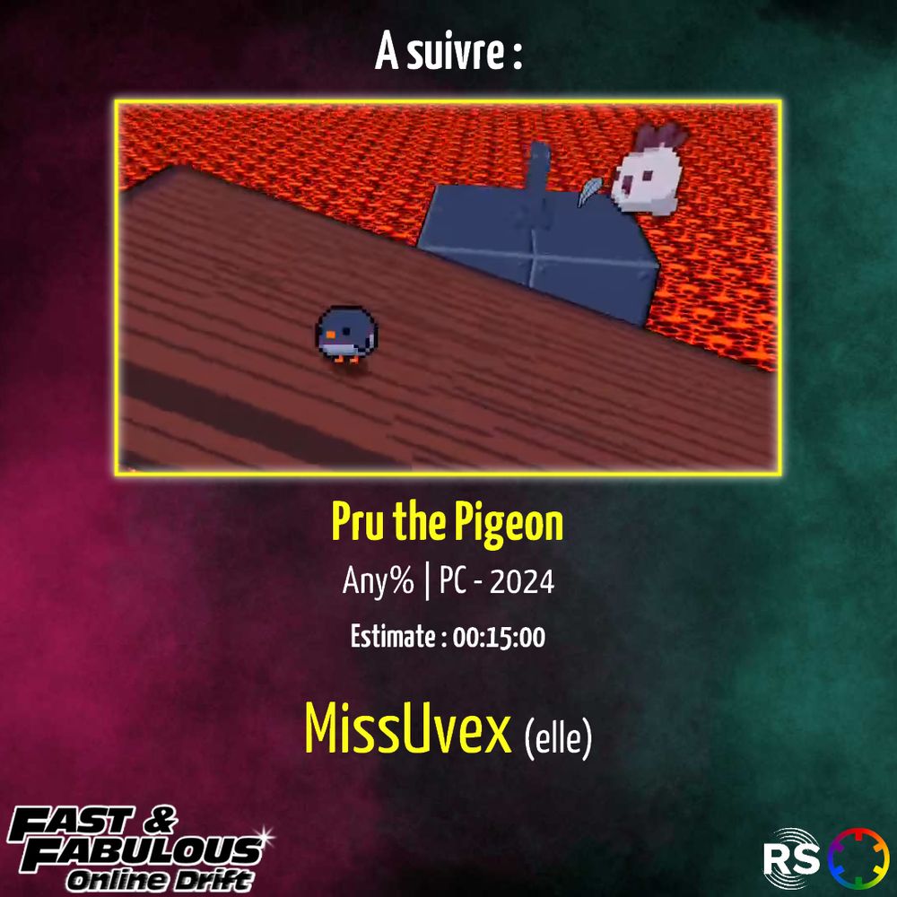 A suivre :
Pru the Pigeon Any% PC 2024 par MissUvex (elle)
Estimate : 00:15:00