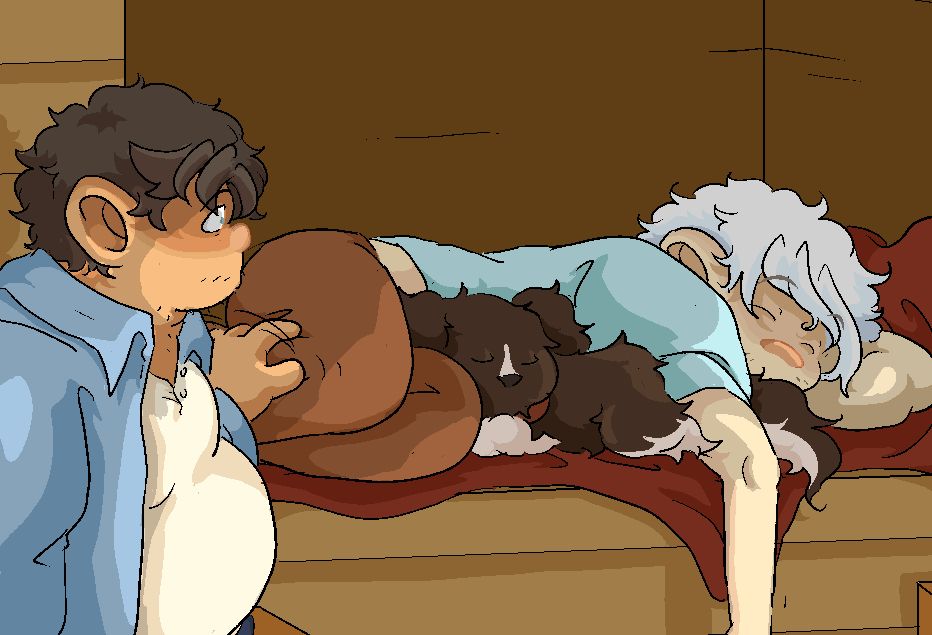 A colored comic panel showing Genzou poking a sleeping Iggy and Beano.