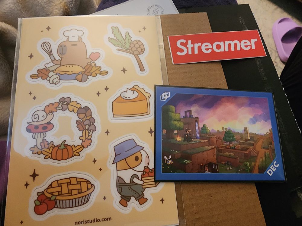 an autumn themed sticker sheet, a sticker that says "streamer", and a Minecraft-themed trading card