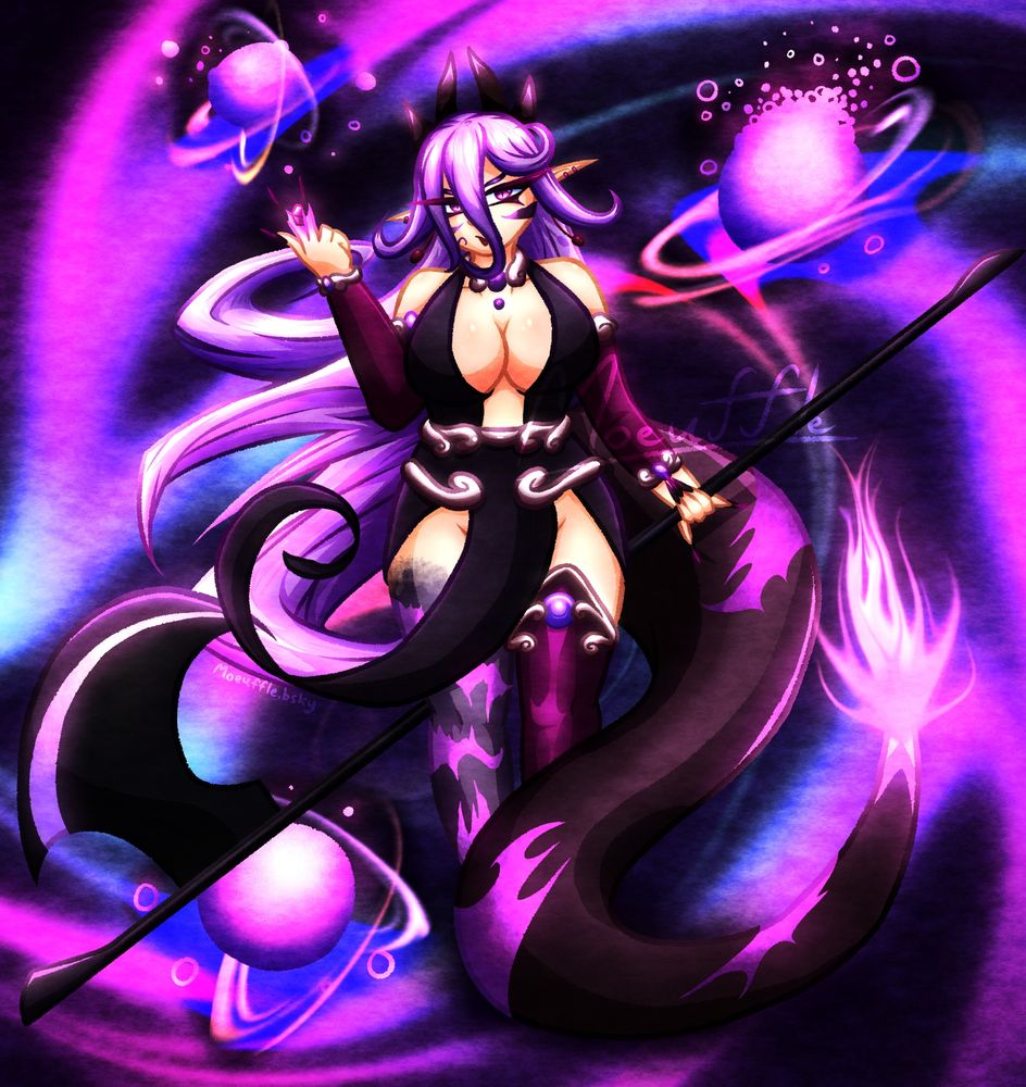 Chqileaf's character Haoyu drawn by me! A dragon lady of quantum energy...whatever that means. I went with purple. She has the power of purple, that's what! She's giving a resting bitch face glare at someone for probably making a "Haoyu doing" joke, the flame on her large tail flaring up, and she's brandishing a large axe.

Probably the most anime drawing I've made so far, what with the dustpans. Gotta appreciate em