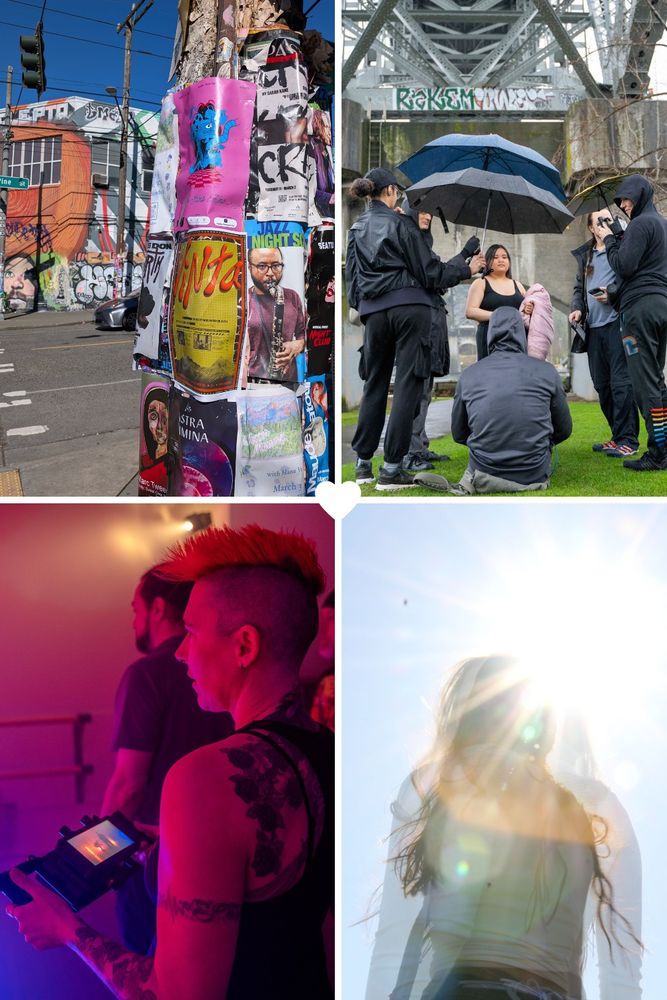 A collage photo: top left, a street light covered in colorful posters with a colorful mural in the background, top right, a film crew with umbrellas underneath a bridge and a dancer in the background, bottom left, a white non-binary person with a red mohawk and lots of tattoos is seen from behind holding a portable monitor, bottom right, a young person is shown in ghostly silhouette with the sun shining behind her