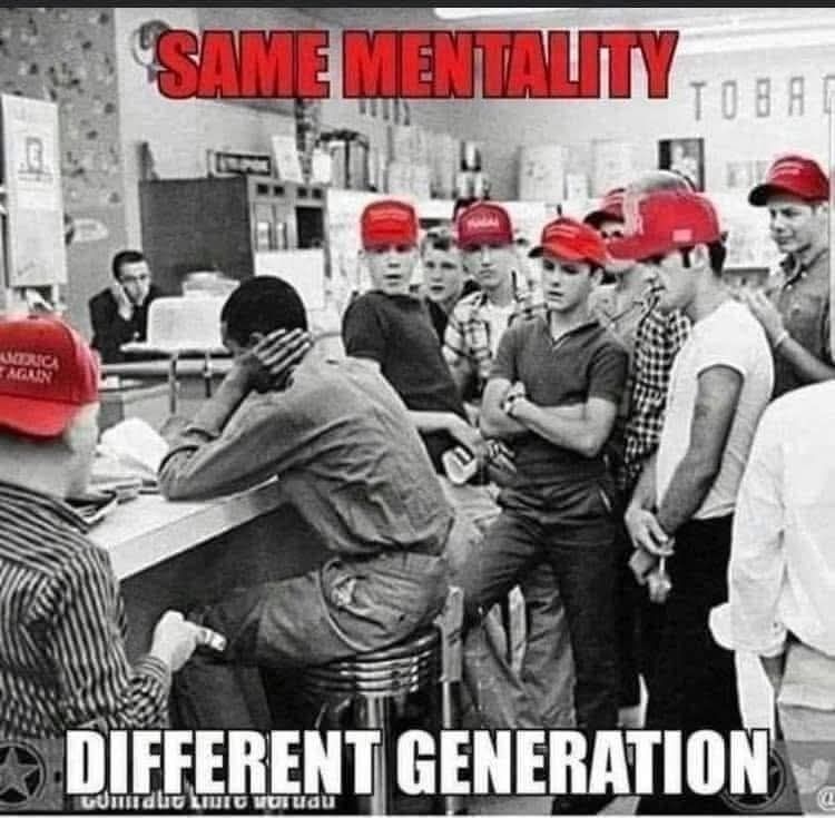 Maga surrounding a black man at a lunch counter. 