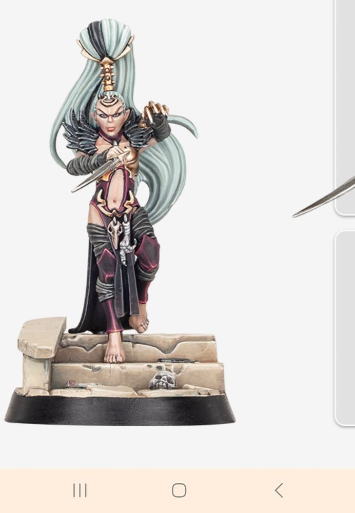 A warhammer miniature model. It shows a pale elf in a purple body suit. She has her hair in a very high ponytail