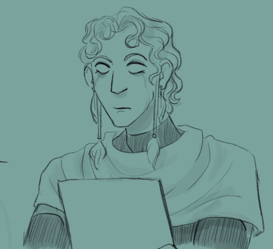 tiresias trying to draw hermes. he is not wearing a hood or a blindfold.