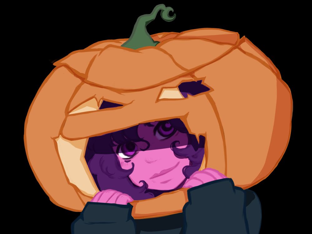 Luna with their head in a jack-o-lantern! You can see Luna through the smile carved into it. They are holding it in place with both hands