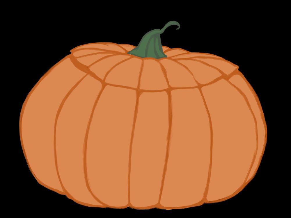 a drawing of an orange pumpkin. the top is cut into and it does not have a face carved into it (yet)