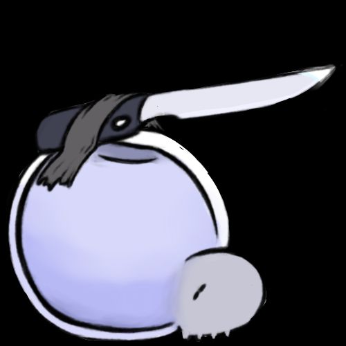 a drawing of a cute simplified tick filled with light blue juice. it has a knife taped to its back