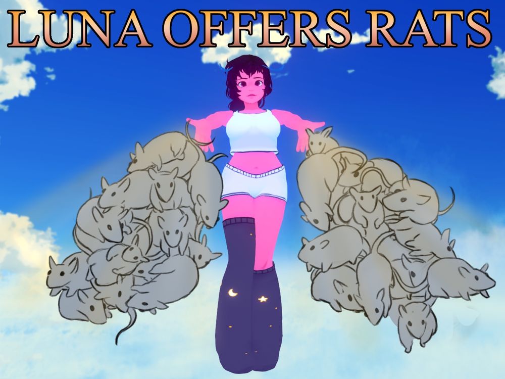 Luna in pajamas floating in the sky with arms stretched out and rats spilling forth from their hands towards the viewer. 

There is text above saying “Luna Offers Rats”