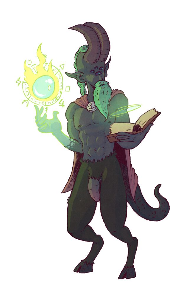 Chokih, a cultist from another dimension in Big Tittied Vampire Goblin Sorceress, is reading from an ancient text to learn to cast a spell. 