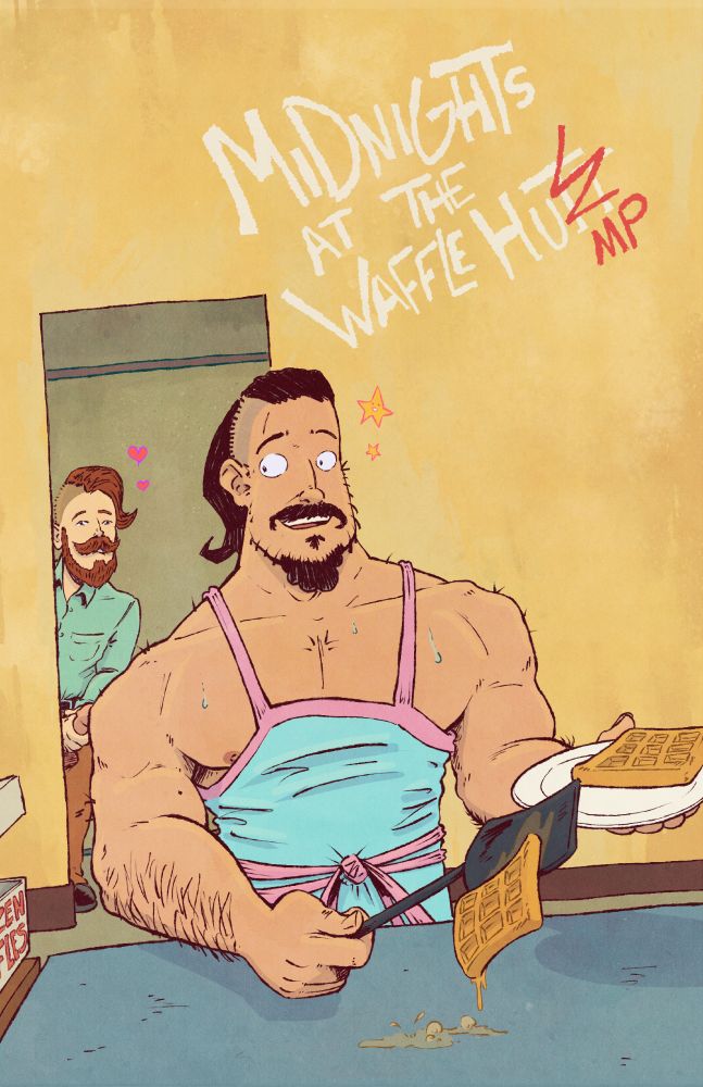 Concept art of two men who are attracted to each other. The buff man is cooking waffles with only an apron on. The thin man is in the hallway masturbating to the buff man cooking. 