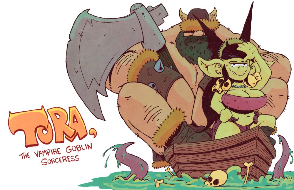 Concept drawing for "Tora, the Vampire Goblin Sorceress" featuring a goblin vampire sorceress named Tora and her barbarian companion, Winston Corpsegrinder. Tora & Winston are floating in a small wooden boat on top of a green pool filled with purple tentacles and skeleton bones floating in it. 
