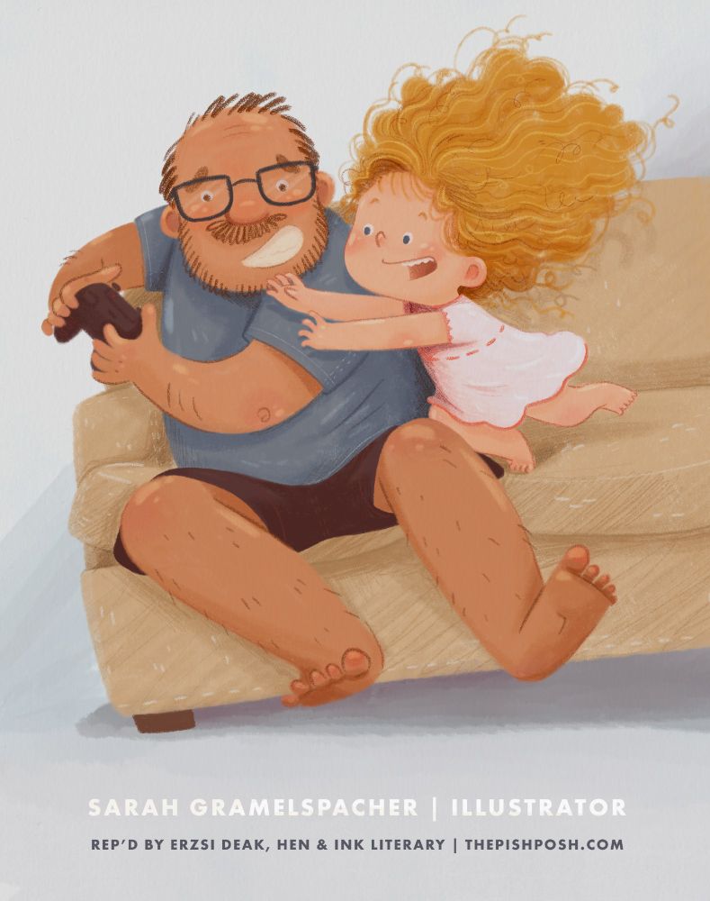 Illustration of a dad trying to play XBOX while his young daughter crashes into him reaching for the controller.