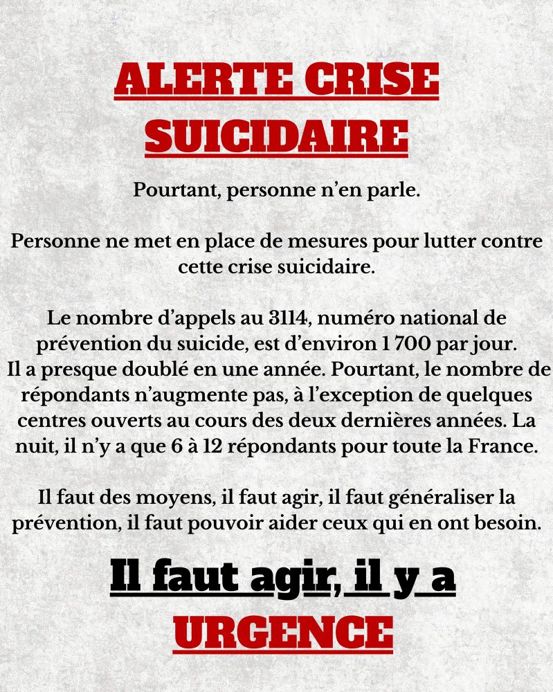 🚨 ALERTE CRISE SUICIDAIRE - En septembre :

≈ 1700 enfants sont passés aux urgences pour une tentative de suicide.

≈ 5700 adultes sont passés aux urgences pour une tentative de suicide.

De tels niveaux n’avaient JAMAIS été atteint pour un mois de septembre ces 3 dernières années.