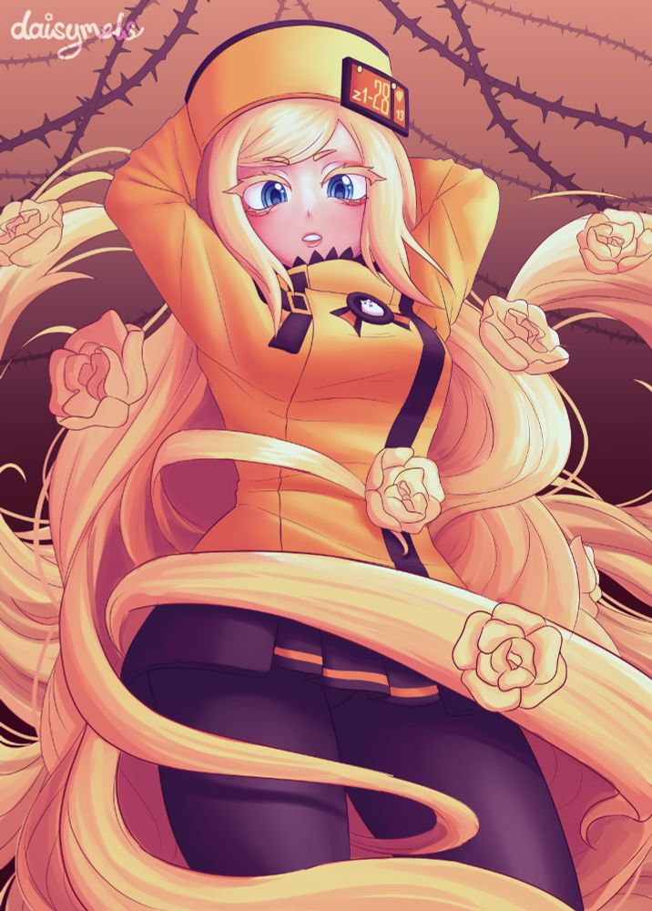 artwork of millia rage with her xrd design surrounded by her hair with roses blooming on it