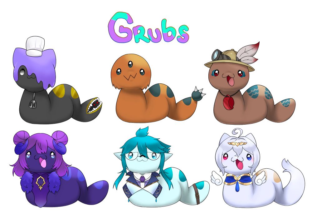 6 different coloured and accessorized grubs 