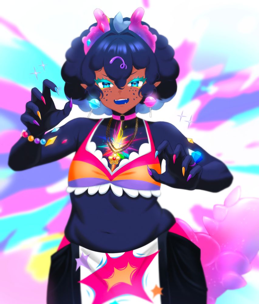 A humanoid wyrm with dark blue skin, multi coloured claws and blue curly hair. They have pink gummy like horns and tail 