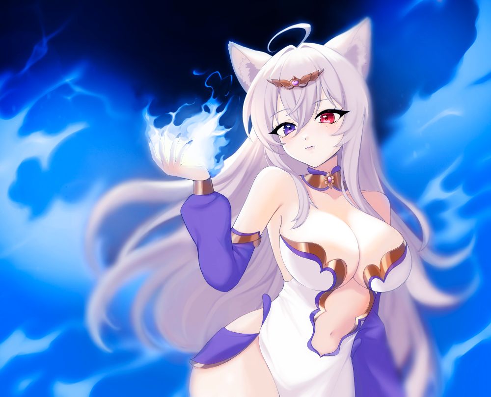 A white haired cat girl surrounded by brilliant blue flames wearing a white and blue low cut dress 