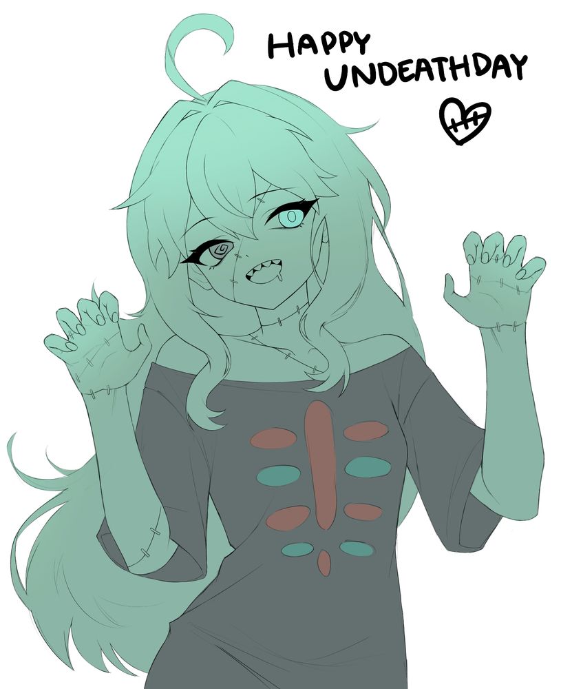 A green skimmed zombie girl with long hair wearing a large black t shirt 