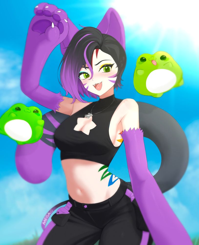 Art of a catgirl with short hair, purple animal like limbs with paws, purple ears and striped tail, wearing a cropped sleeveless top and cargo pants. Two frogs accompany her 