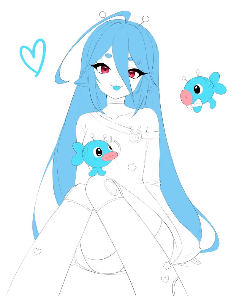 A robot girl with long blue hair and small antennae. She has strange blue fish around her 