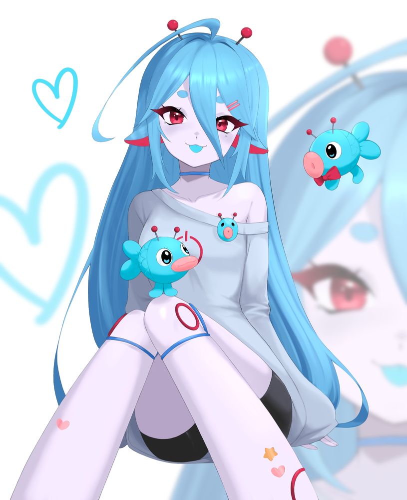 Art of a robot alien girl with pale white skin and long blue hair. She's wearing a comfy gret sweater and black sports shorts, and has little blue alien fish friends 
