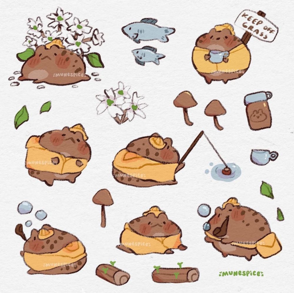 A based on the western toad, illustrations of a small brown toad character with a raincoat and rainhat