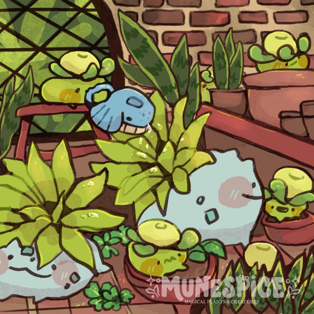 An illustration in a little greenhouse of bulbasaur succulents and smolivs aplenty. One smoliv is even watering a bulbasaur