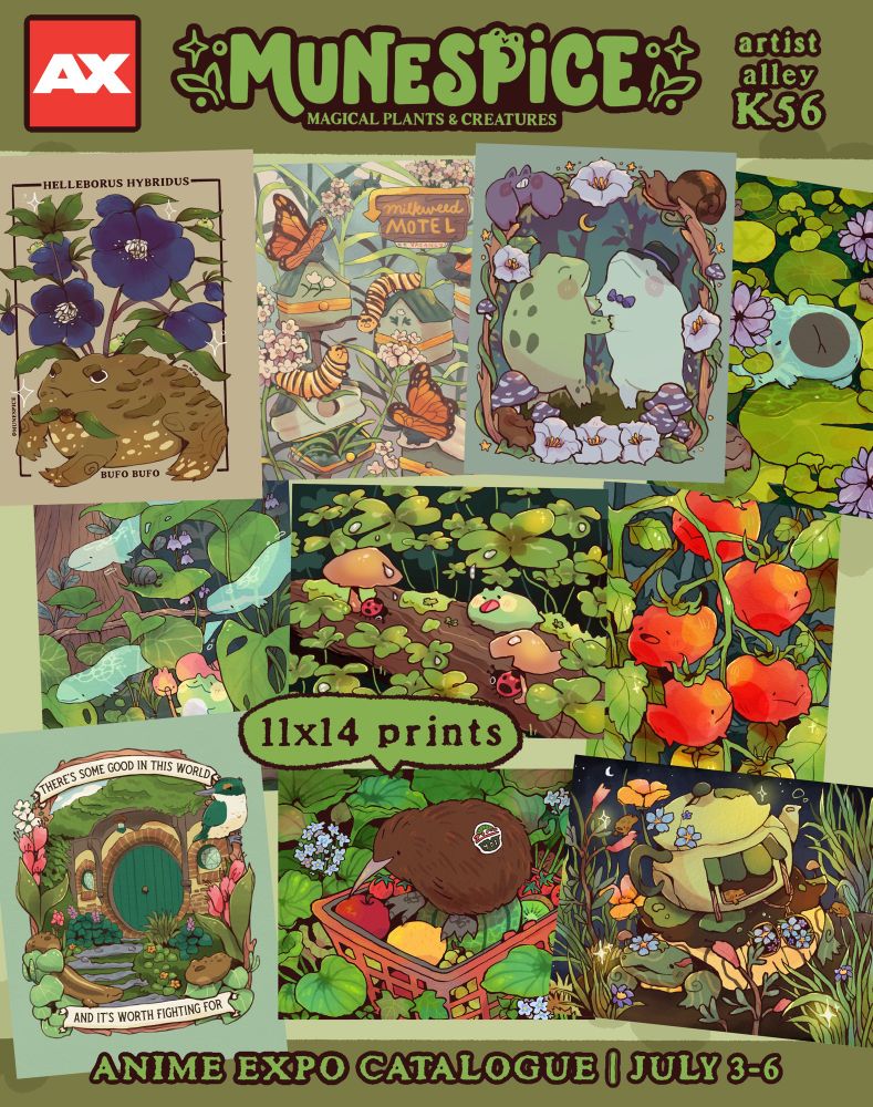 See munespice at anime expo at table k56 in artist alley. This post features a preview catalogue of her wares featuring magical plants and creatures. Throughout the post, there are pages featuring prints, stickers, sticker sheets, plush, shirts, pins, and more. 