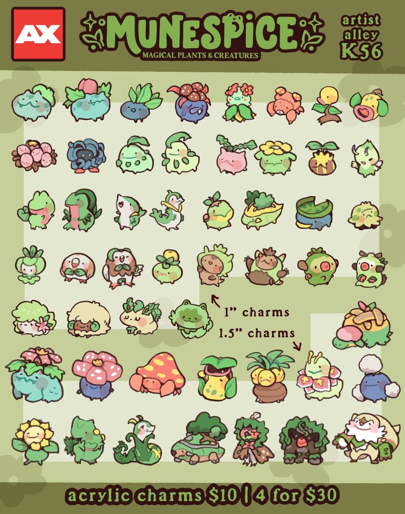 Anime Expo full catalogue for munespice featuring themes of magical plants and creatures - grass pokemon acrylic charms