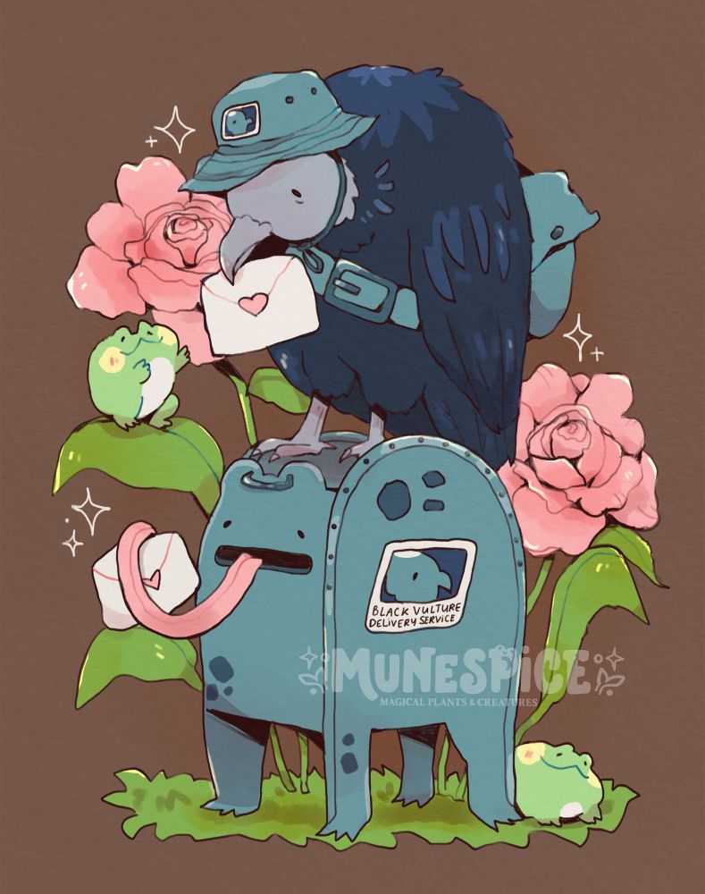A black vulture named Sam sitting on a froggy letter box amongst frogs and roses. Sam is wearing a hat and a letter bag as he is head of the delivery service. 