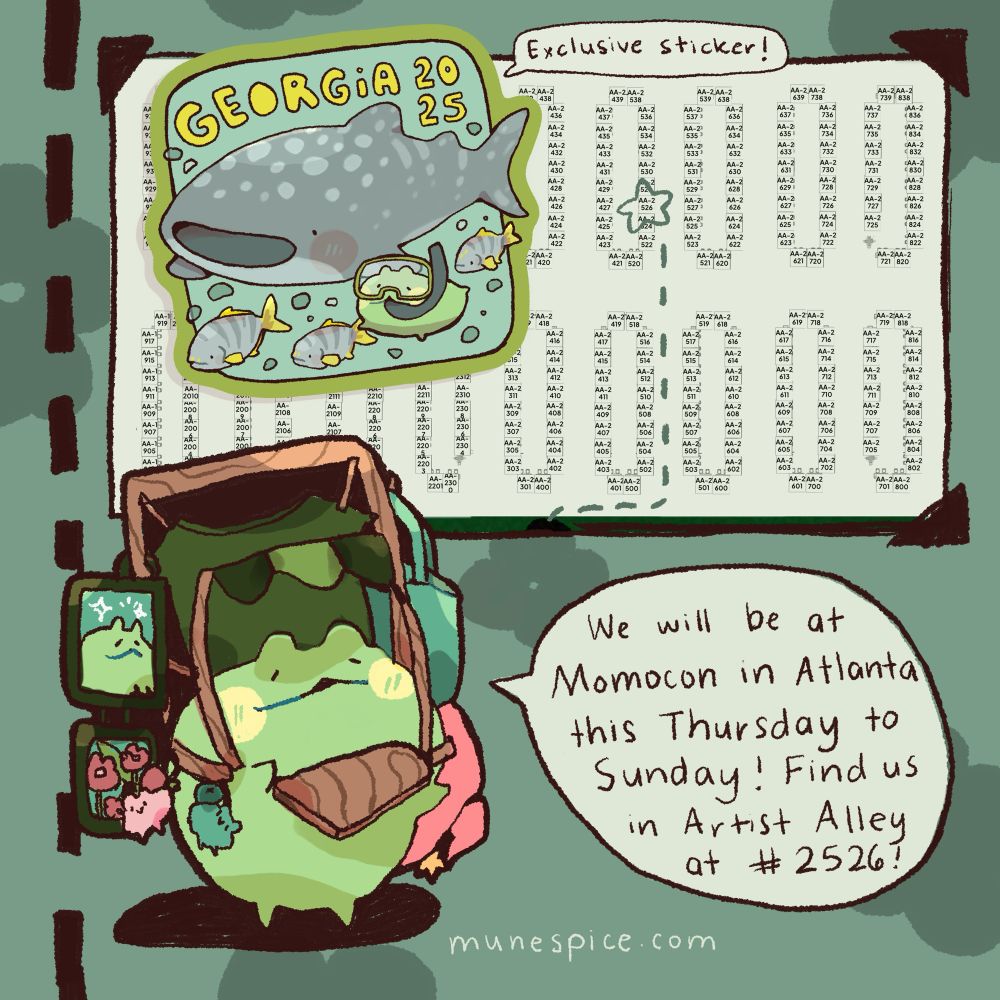 An image and map saying we will be at momocon this weekend in artist alley at table 2526. 