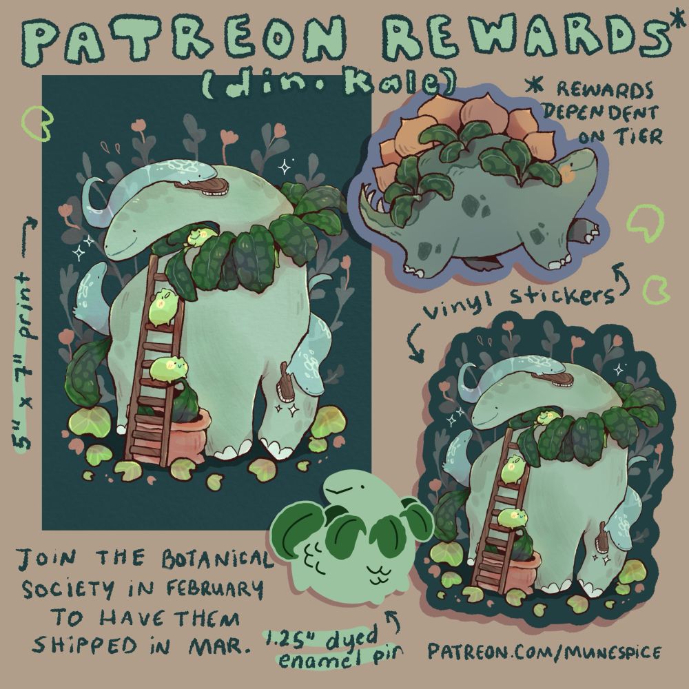 Patreon rewards preview showing a print, 2 stickers, and a pin all featuring dinosaur kale …dinosaur creatures