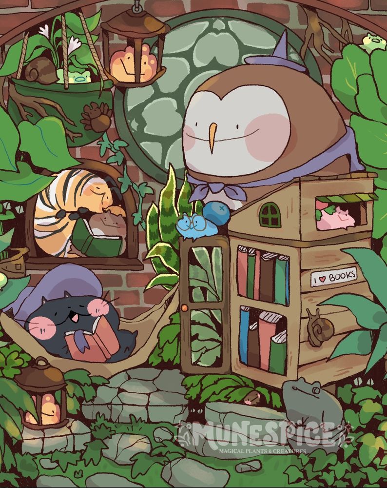 An illustration of a scene in muneflower hollow with ferdie the barn owl librarian watching over a tiny library and plants and other creatures lounging and reading and resting. Ferdies assistant blueberry frog sits next to them and has glasses. 