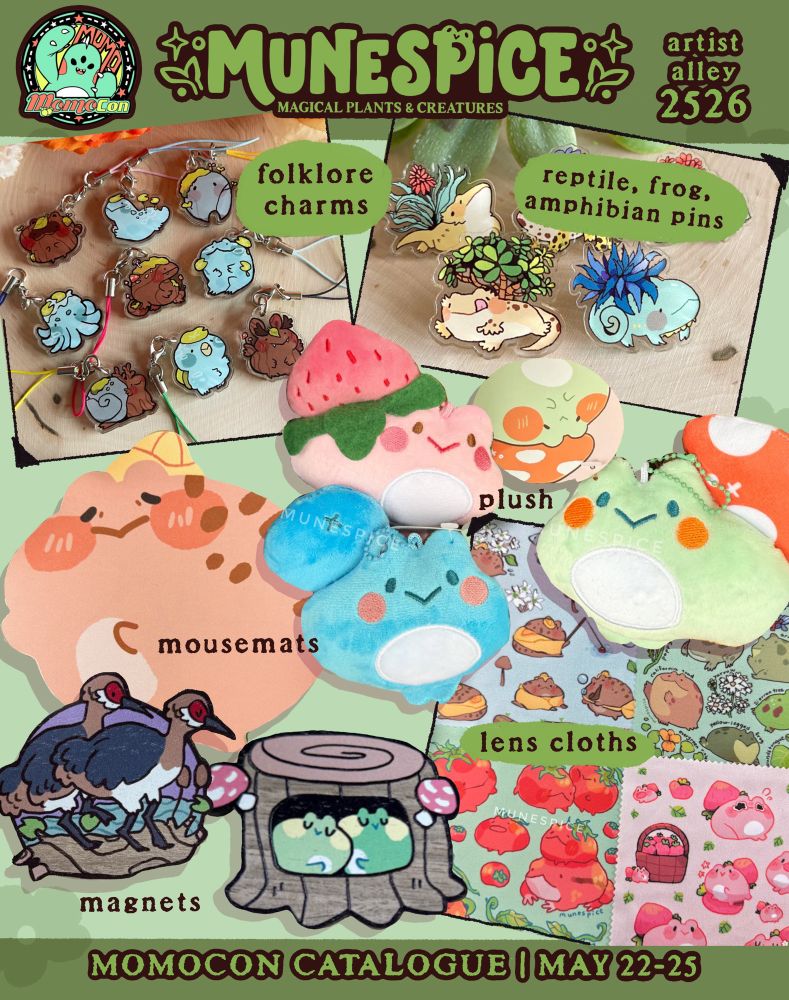 An assortment of wares featuring magnets, lens cloths, plush, mousemats, and little trinkets