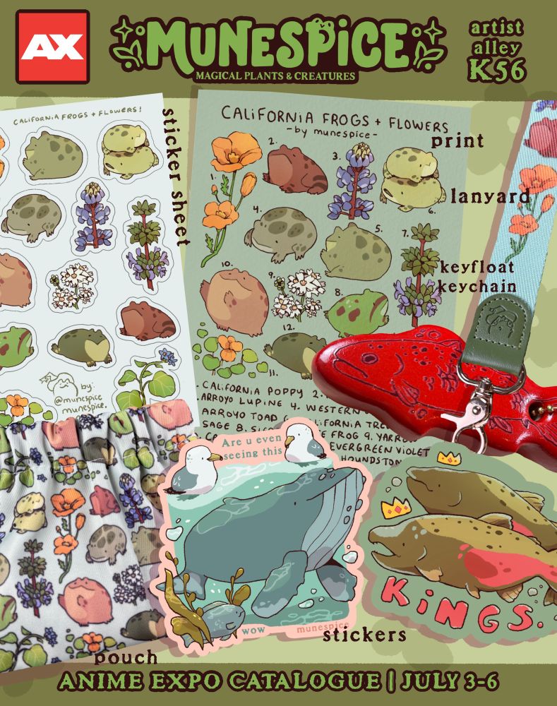 See munespice at anime expo at table k56 in artist alley. This post features a preview catalogue of her wares featuring magical plants and creatures. Throughout the post, there are pages featuring prints, stickers, sticker sheets, plush, shirts, pins, and more. 