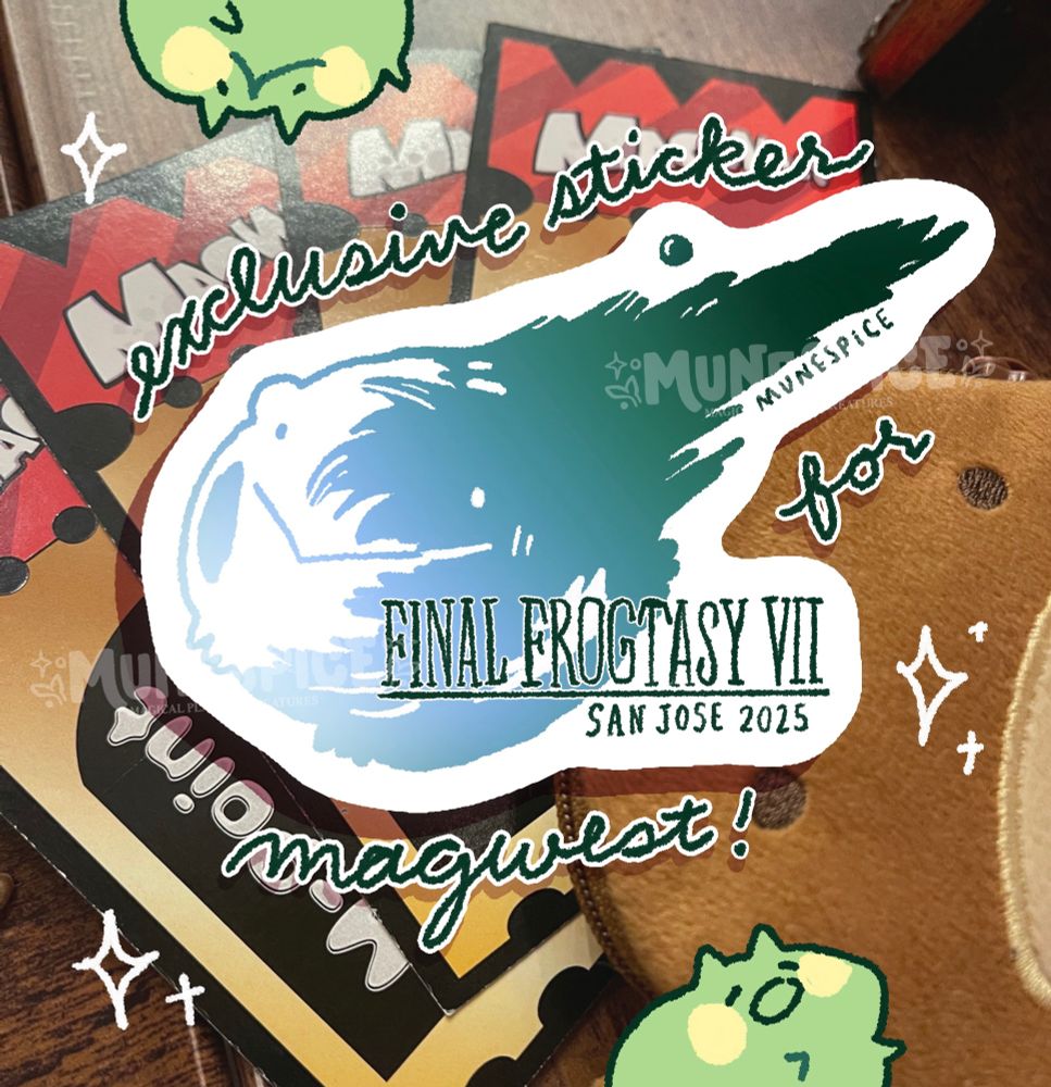 A sticker design of a frog meteor mimicking the ffvii logo stating “final frogtasy vii san jose 2025”