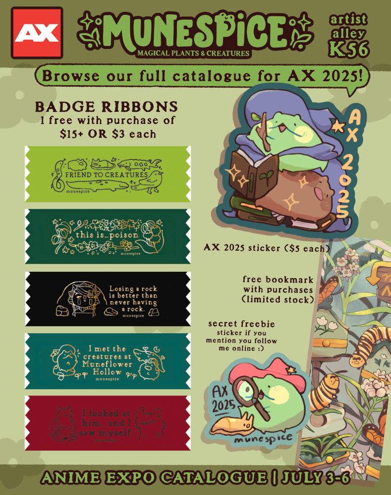 Anime Expo full catalogue for munespice featuring themes of magical plants and creatures - badge ribbons, ax stickers, and a freebie bookmark!