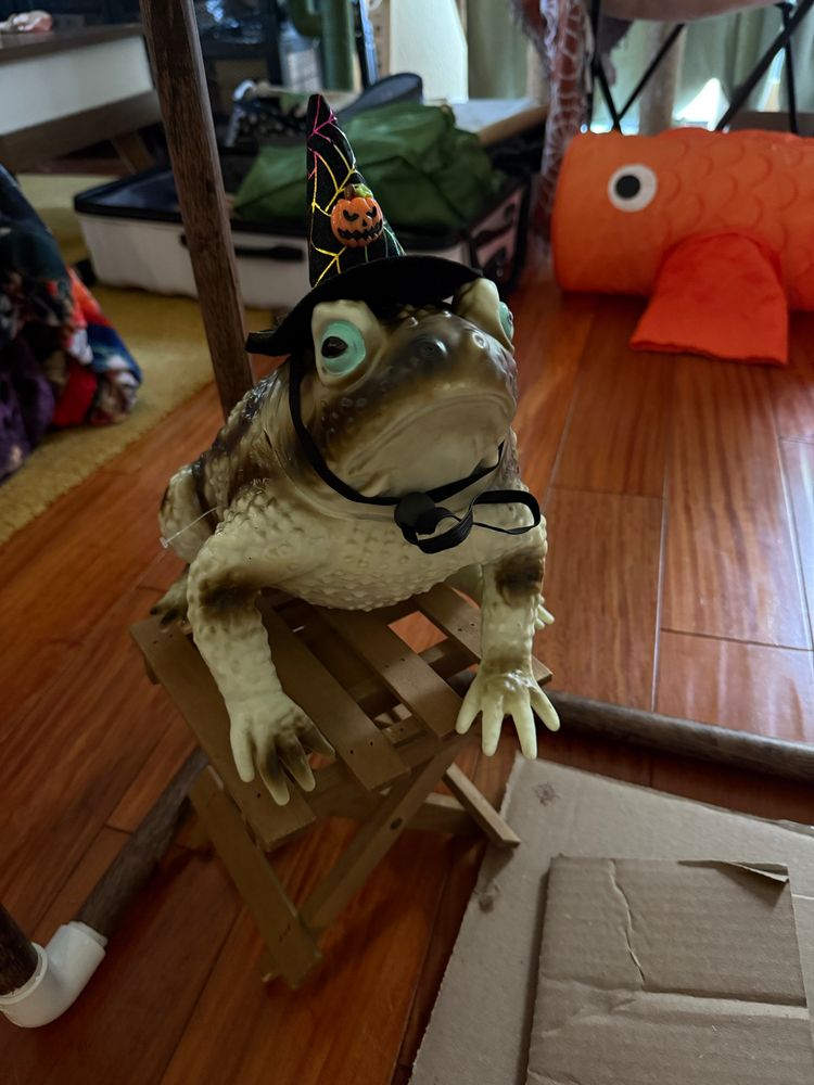 A plastic frog with a witch hat sitting on a small wooden stool