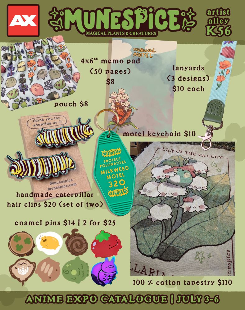 Anime Expo full catalogue for munespice featuring themes of magical plants and creatures - tapestry, enamel pins, hair clips, motel keychain, pouch, memo pad, and lanyards