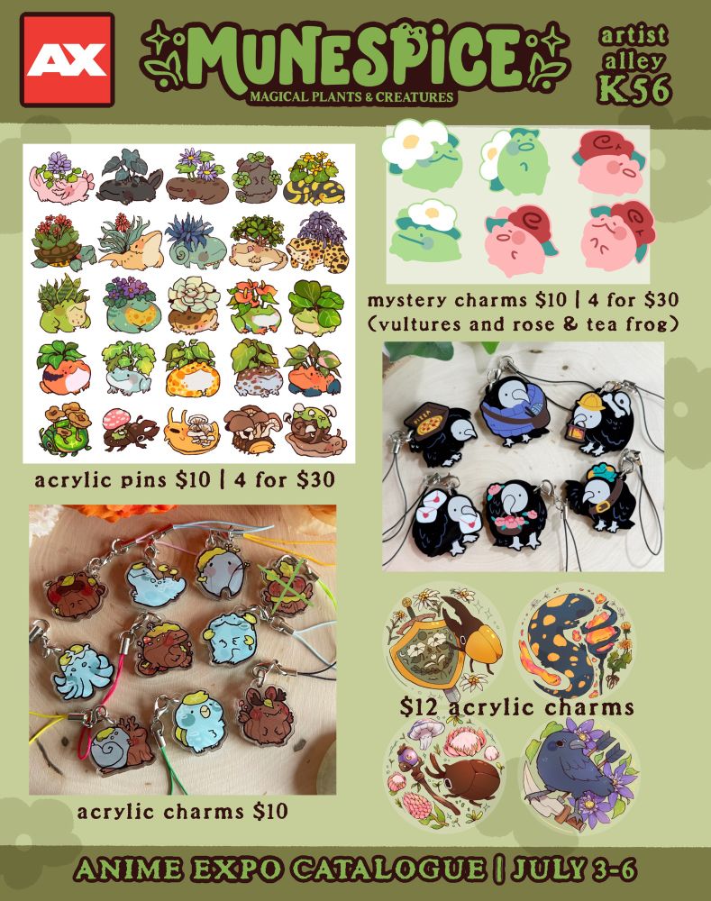 Anime Expo full catalogue for munespice featuring themes of magical plants and creatures - mystery charms, acrylic charms, and acrylic pins