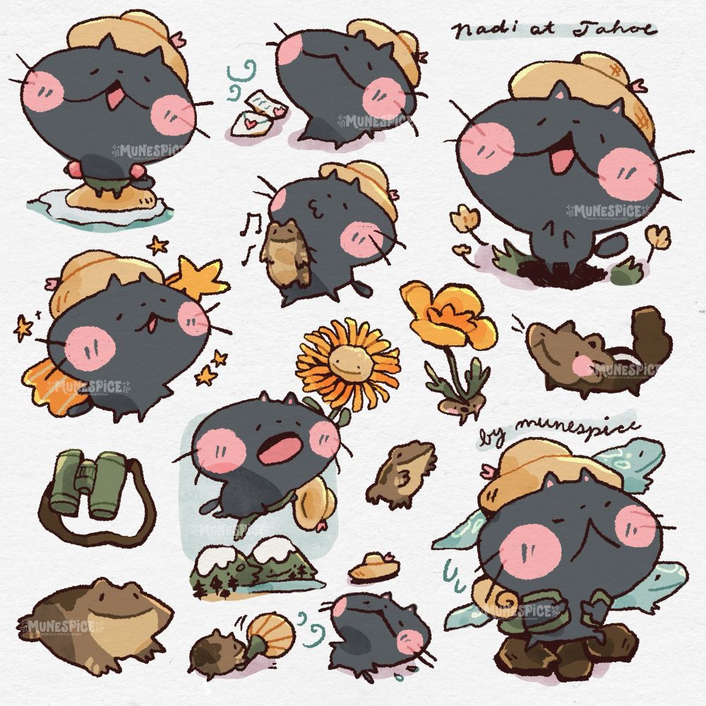 An illustration filled with many little drawings of nadi, a black cat with round head and hat, doing things - such as hiking, watching a shooting star, or whistling while carrying a frog
