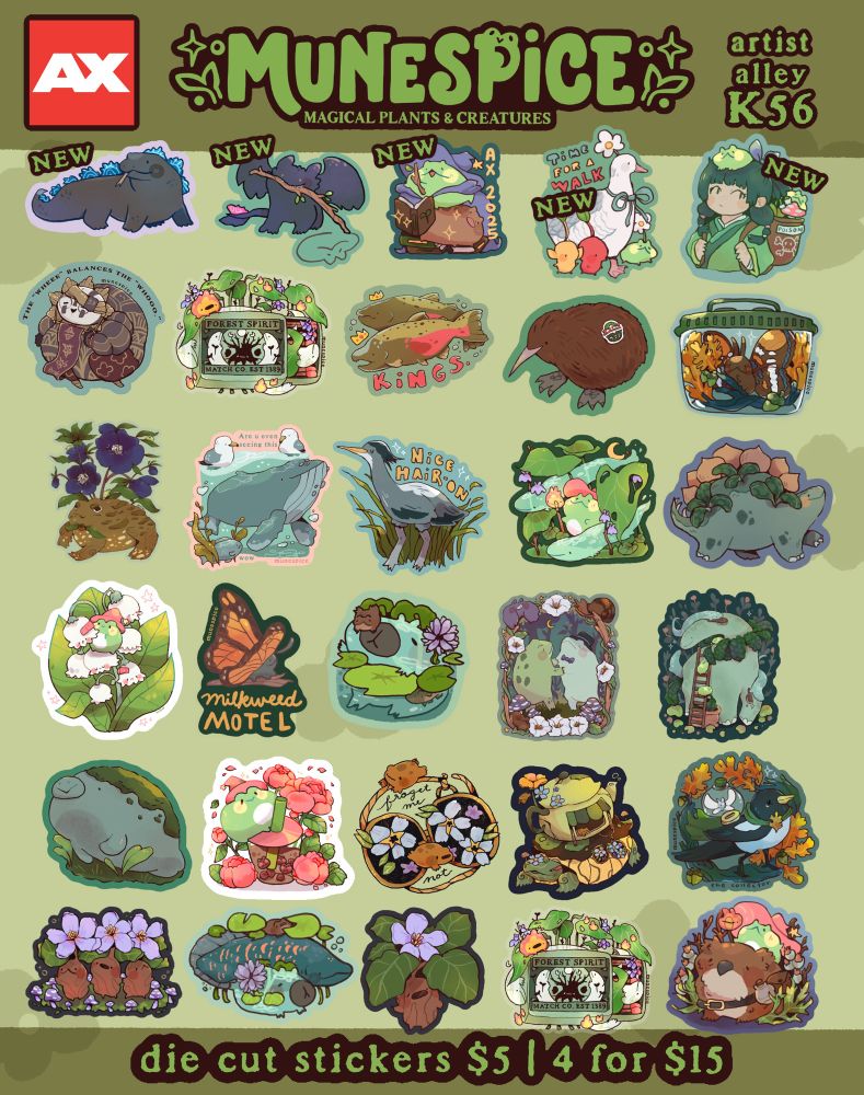 Anime Expo full catalogue for munespice featuring themes of magical plants and creatures - die cut stickers