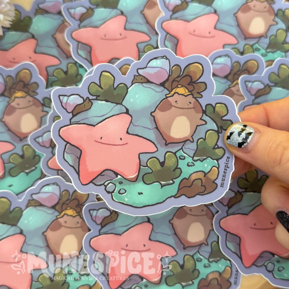 A picture of a sticker featuring old man chowder relaxing and in the same position as a starfish