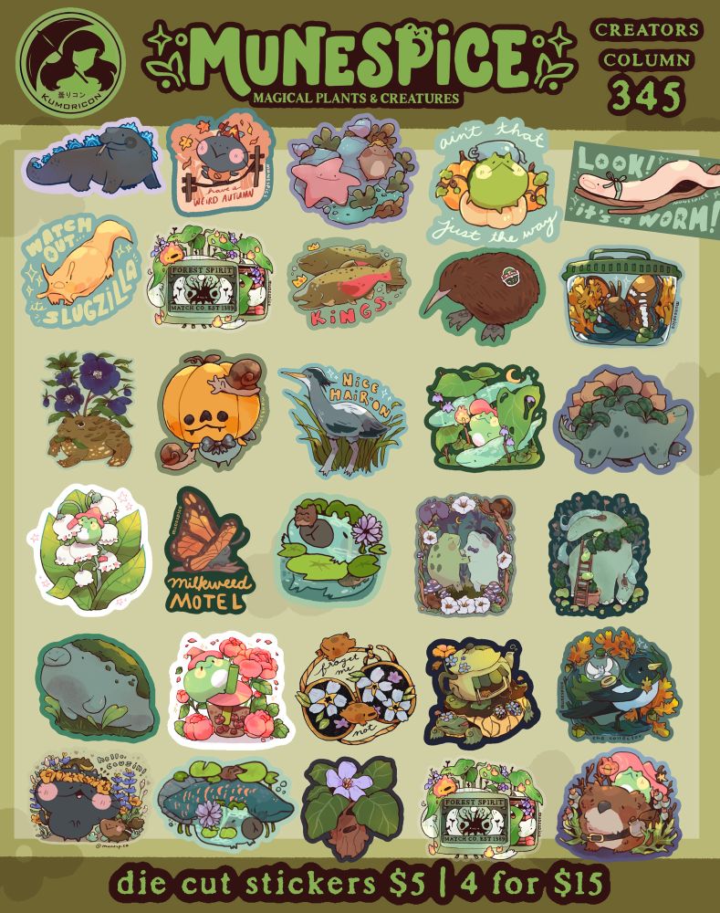 An assortment of die cute stickers ($5 each or 4 for $15) featuring creatures and nature