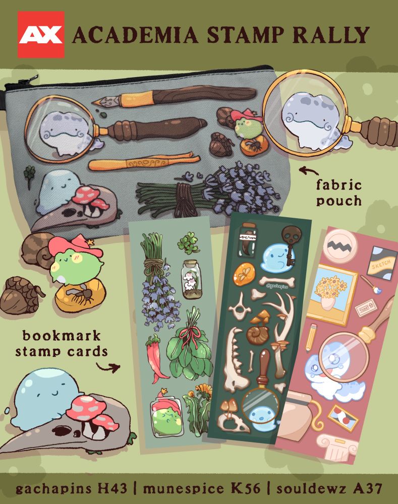 Anime Expo full catalogue for munespice featuring themes of magical plants and creatures - academia stamp rally showing bookmark designs and prize pouch