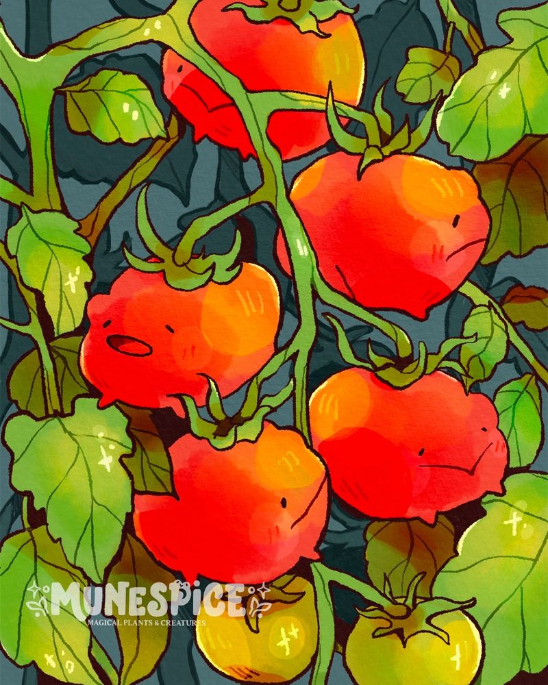 An illustration featuring magical plump tomatoes as frogs growing from the tomato vine