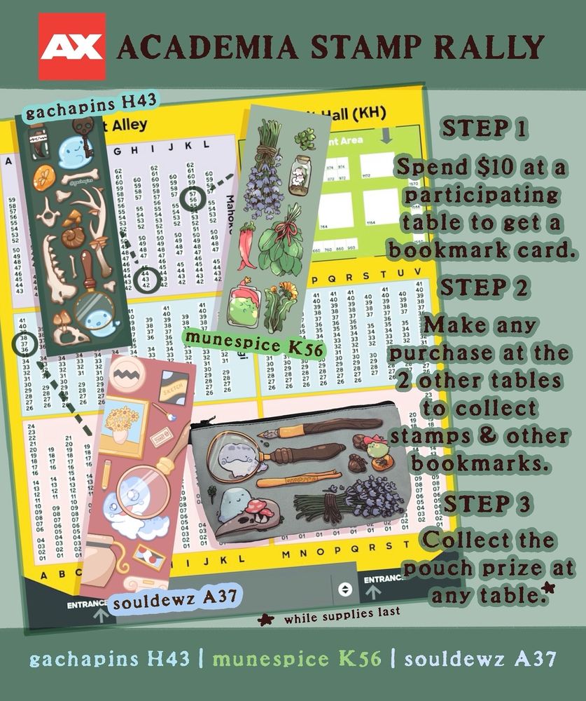 Make a $10+ purchase at any of our booths to receive your first bookmark card and stamp and stop by the other two buddies and make any purchase to collect the other bookmarks! Fill the first bookmark you received with all 3 stamps to receive the pouch (while all supplies last). 