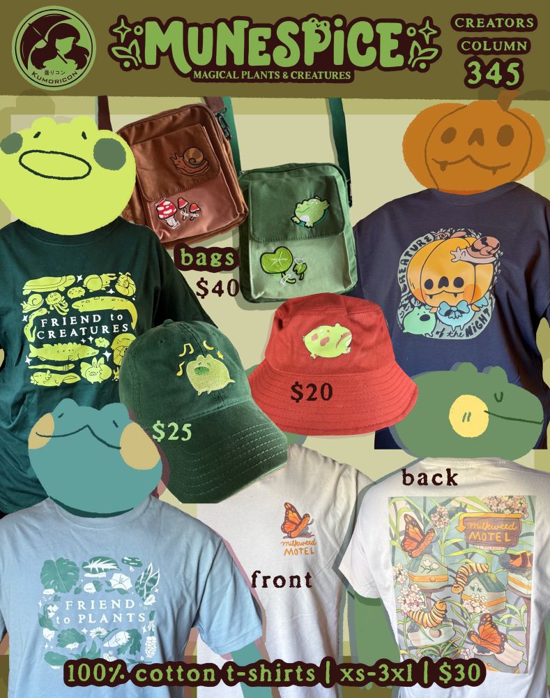 An assortment of munespice apparel and hats and crossbody bags. There are 4 shirts and they are 100% cotton | xs-3XL | $30 each