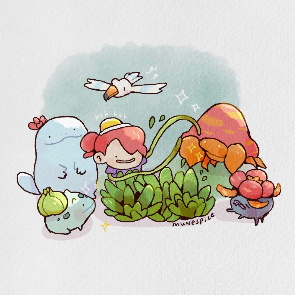 Fanart illustration based on pokopia, with the ditto person, bulbasaur, quagsire, gloom, parasect, and wingull